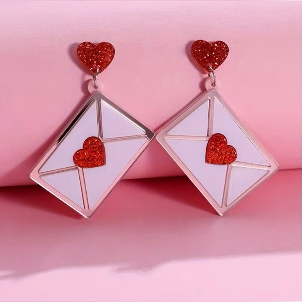 Love Letter Heart Envelope Drop Earrings Modern Valentines Day - Picture 6 of 7
